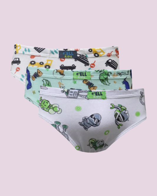 Kit 3 Cuecas kids slip algodão estampado elástico embutido